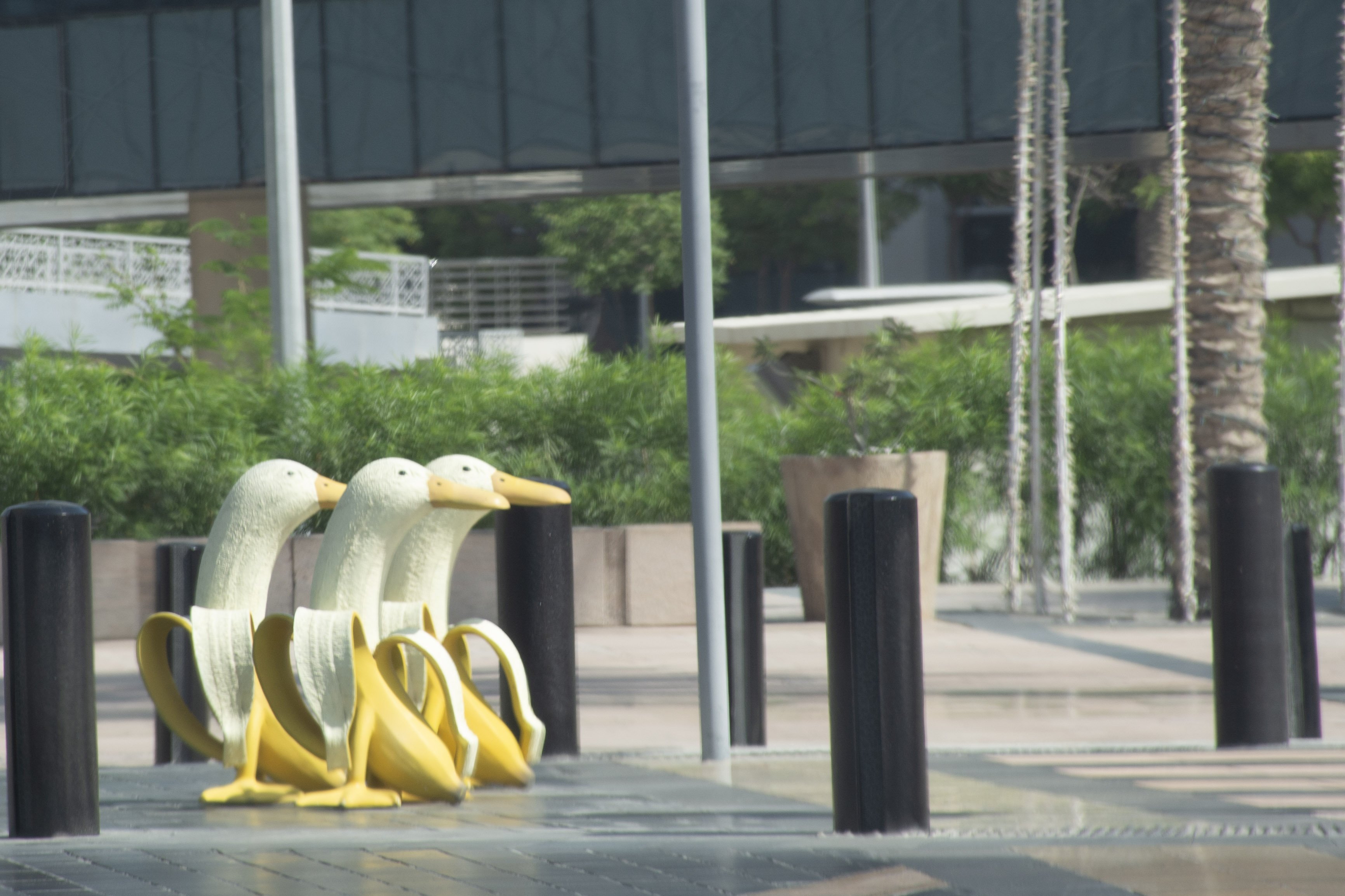 Sculpture of banana birds on Dubai street.