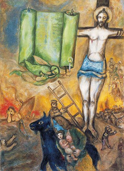 Jesus on cross. Torah. Jewish people fleeing Europe in WW2.